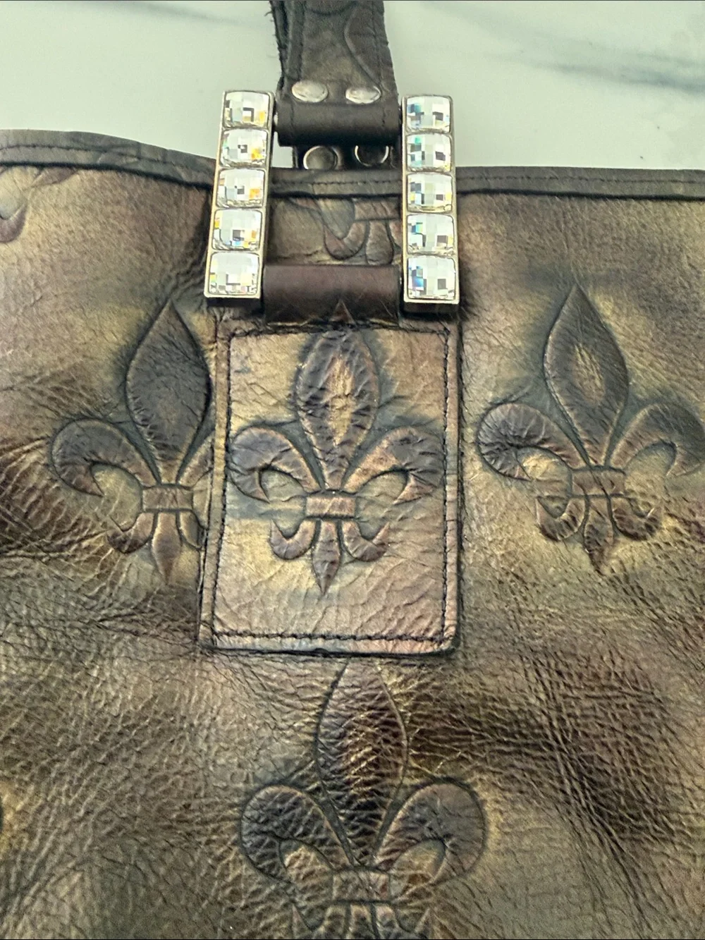Raviani Black Embossed Satchel with Fleur-de-Lis Detail